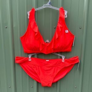 Bikini, Ruffled Plunge Top & Mid Rise High Cut Bottoms Swimsuit 2-Piece Size 3X